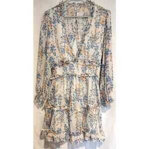 Women's Medium Ruffle Mini Dress Boho Cottagecore Blue Orange Floral Open Back